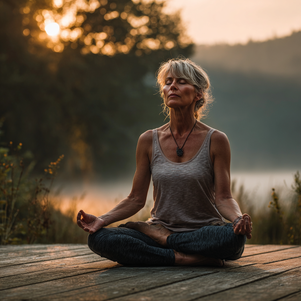 mature woman practicing yoga in peaceful natural setting