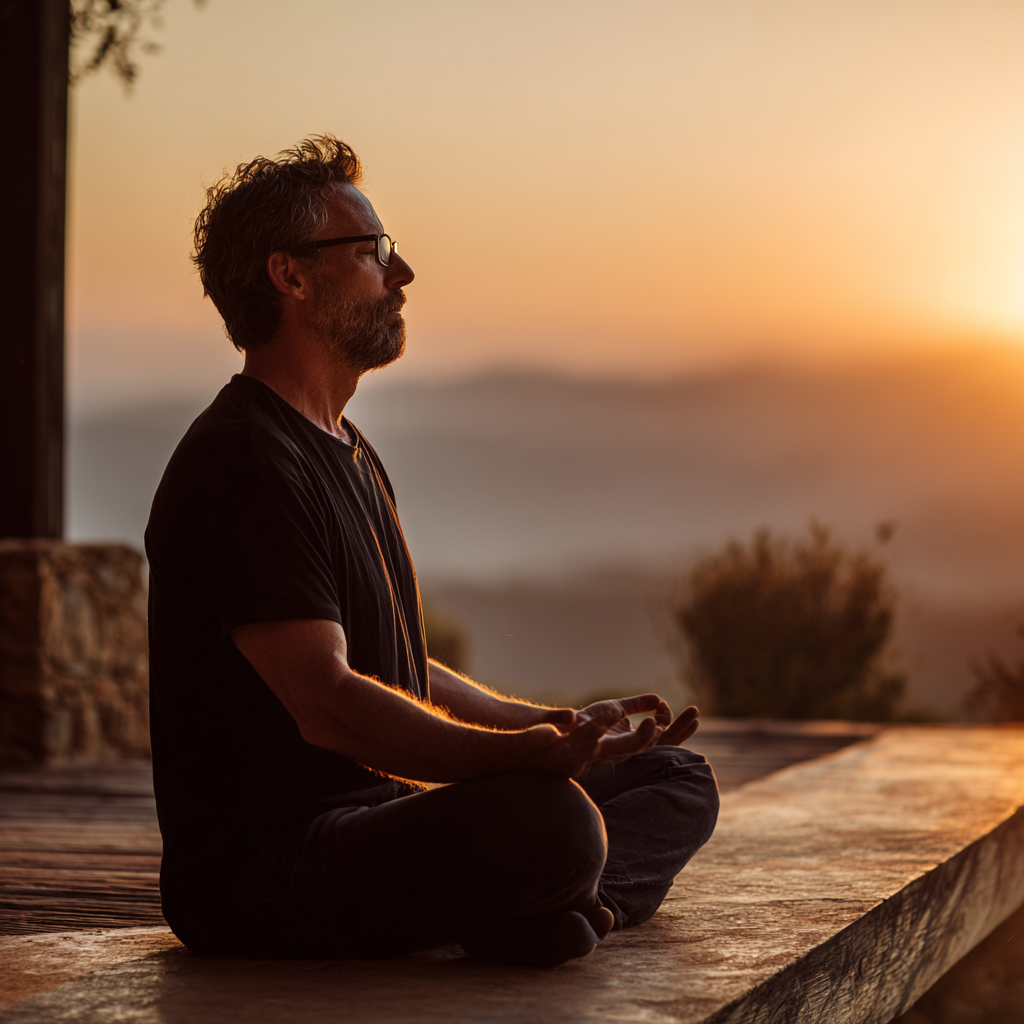 middle-aged person meditating peacefully in serene environment